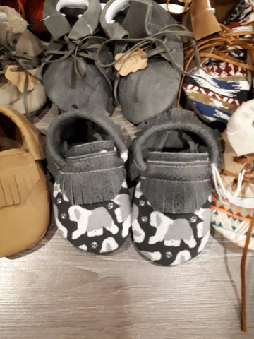 Grey moccs with Old English sheepdog toe topper short fringe and black lacing bow