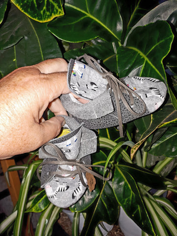 Gray distressed leather with zebra print toe toppers. Fold Top Desert Boots