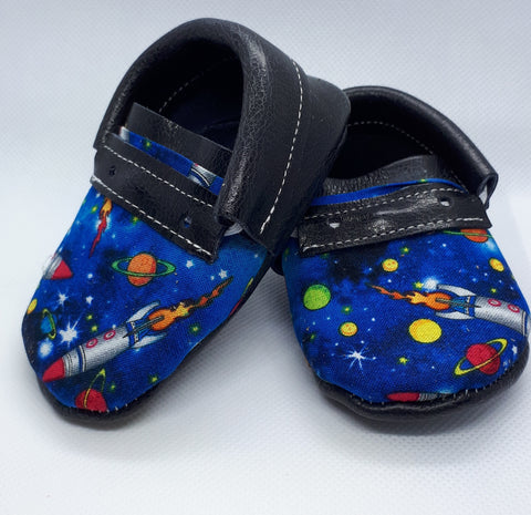 Rockets and space print toe topper Navy vegan leather moccs SALE