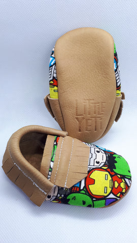 Super hero print tan leather moccs SALE