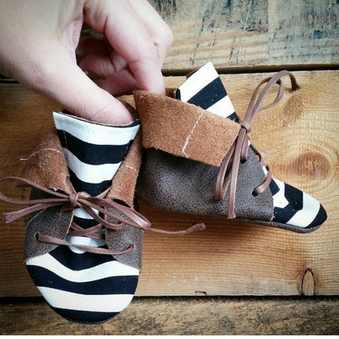 Dark Brown leather with black and white striped toe toppers. Fold Top Desert Boots