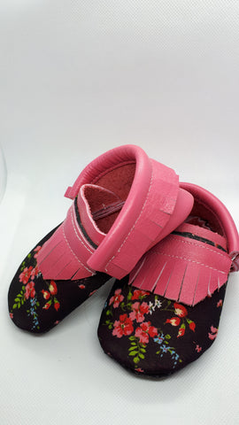 Raspberry leather moccs with floral print on black SALE